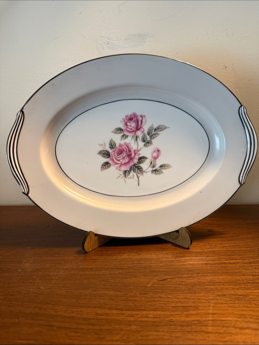 Porcelain Serving Platter with Pink Rose Motif